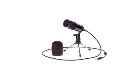 professional desktop microphone in black on a white background