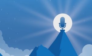 A microphone sitting on the top of a mountain at night, with the moon shining behind it.