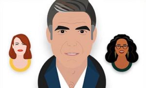 Illustrations of celebrities, including Oprah, George Clooney, and Emma Stone.