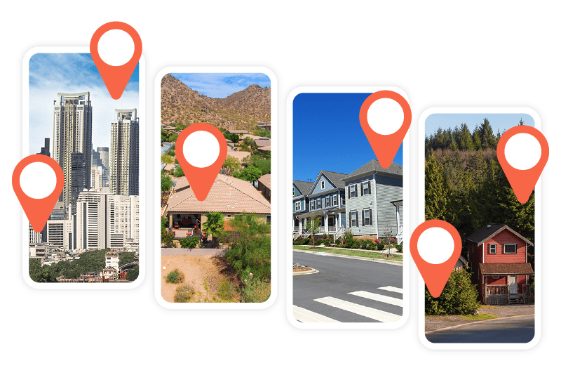 4 locations: a cityscape, houses in the desert, a suburb, and a house in a forest. Location pins float over each location.
