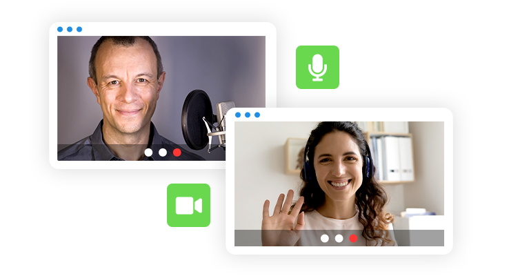 Two browser windows, showing a voice actor and client talking over a video call.