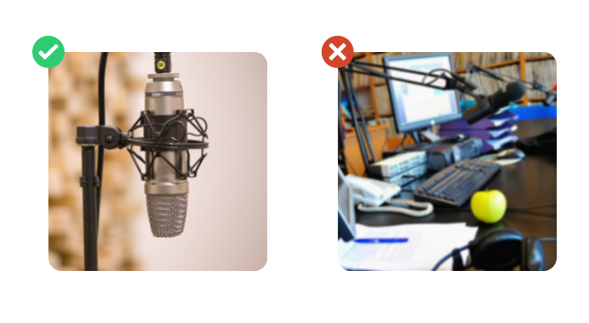 Two Photos Side by Side Showing What to Do and What Not to Do - One Clear Image of a Microphone, One Cluttered Image of a Studio